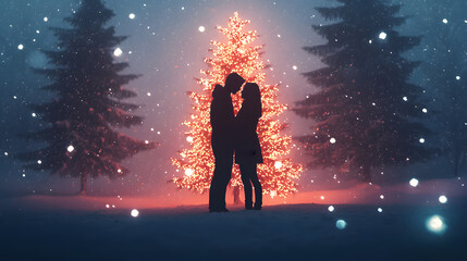 Romantic Couple Kissing in Front of Christmas Tree at Night