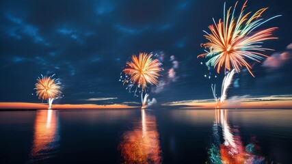 Colorful fireworks illuminate the night sky over a calm water surface