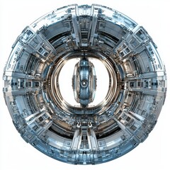 Futuristic Abstract Design Featuring Metallic Circular Structure with Intricate Details and Reflexive Elements