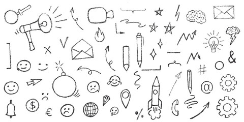 Hand drawn grunge texture doodle set with tick, mark, checkboxes, correct or wrong symbols. Chalk or crayon effect vector elements isolated on white background for underline in business presentation