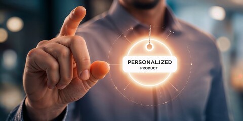 Hand touching personalized product interface with glowing design