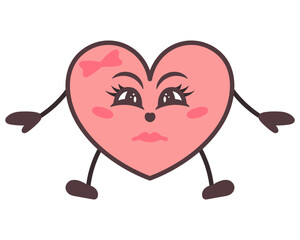 Angry female character in the shape of a pink heart. Frowning eyebrows, threatening pose, hands to the sides, bow decoration. Color vector illustration. Isolated white background. Kawaii style.