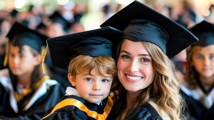 A proud graduate holds a young boy during a joyful ceremony