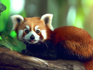 Close-up View of a Rare Red Panda Exploring Its Natural Habitat Amid Lush Greenery During Daylight Hours
