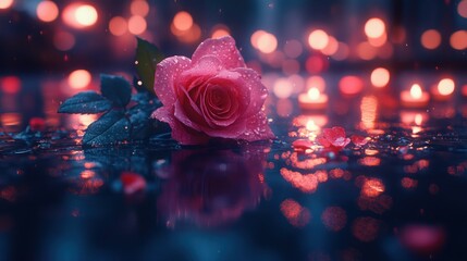 Pink rose, rain, night, lights, romance, reflection, petals, water, romantic, card