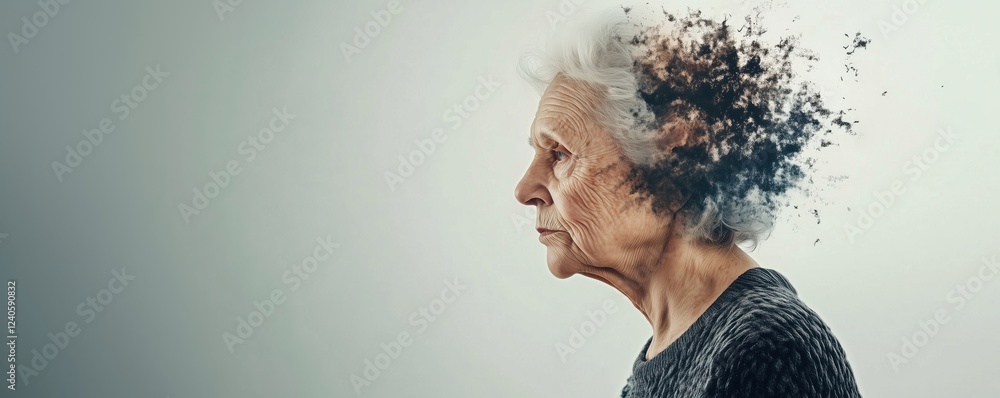 Poster elderly woman with fragmenting head symbolizing memory loss and aging, portrait of senior with disin