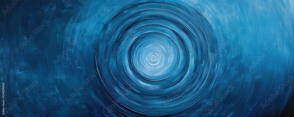 Poster abstract blue circular pattern with swirling textures and gradients, evoking a sense of depth and tr