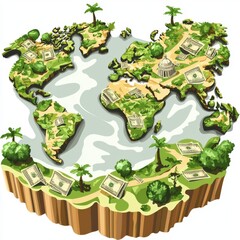 Creative world map illustration featuring money, nature, and various landscapes, symbolizing wealth and eco-consciousness
