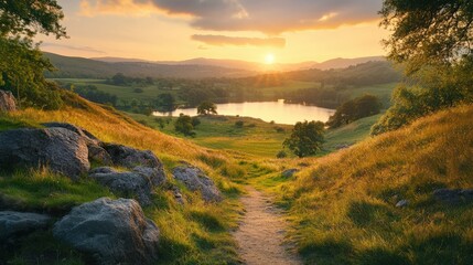 Breathtaking Landscape at Sunset with Tranquil Lake and Rolling Hills