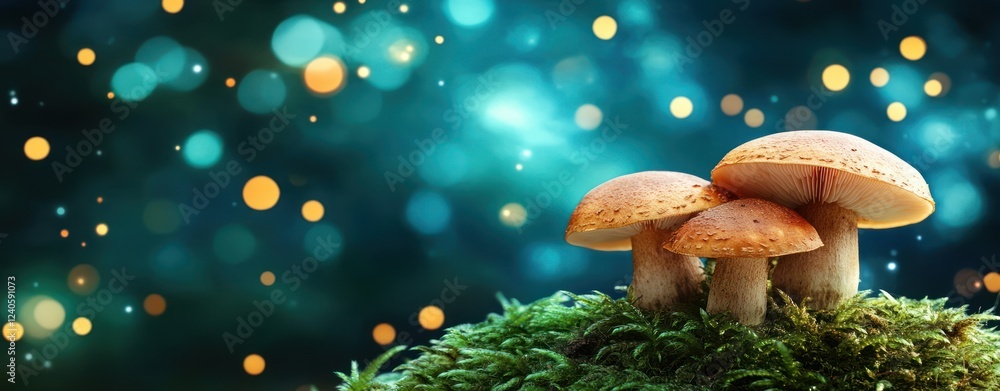 Poster close-up of vibrant mushrooms on moss with colorful bokeh background for nature and forest themes
