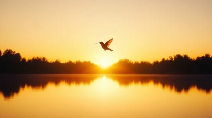 Serenity at dawn with hummingbird over tranquil lake in sunrise glow