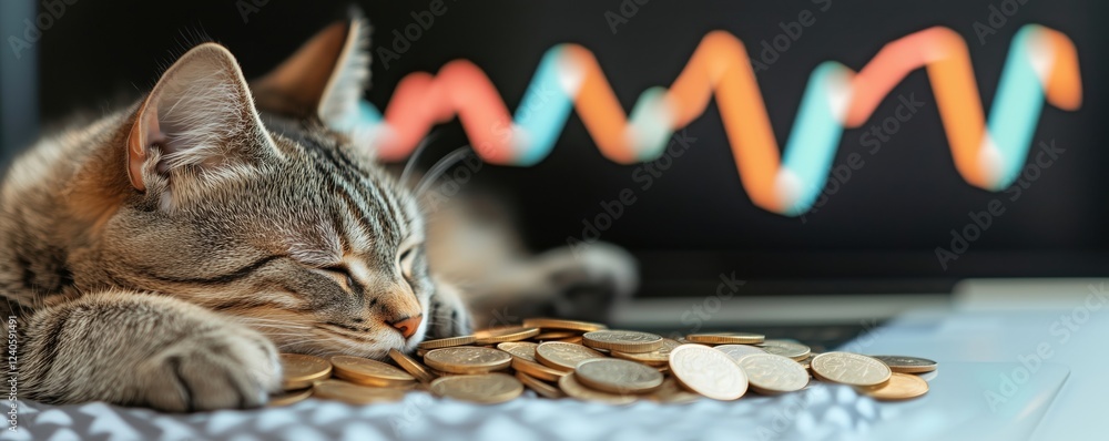 Aufkleber sleeping cat resting on pile of coins with financial graph in background, symbolizing wealth and inv