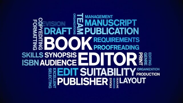 Book Editor animated word cloud;text design animation tag kinetic typography seamless loop.