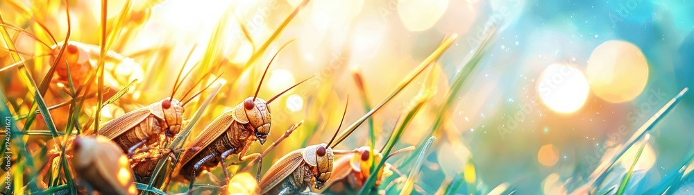 Poster Close-Up View of Colorful Grasshoppers on Grass with Ethereal Bokeh Background in Natural Setting During Daylight
