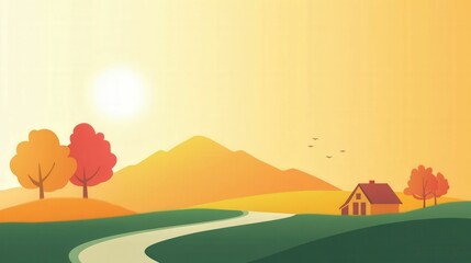 Naklejka premium Tranquil autumn landscape with rolling hills and cozy cabin at sunrise