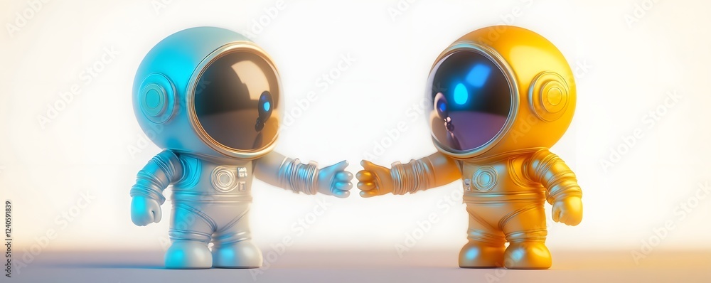 Poster two colorful cartoon astronauts reaching out to each other in a soft gradient background, symbolizin
