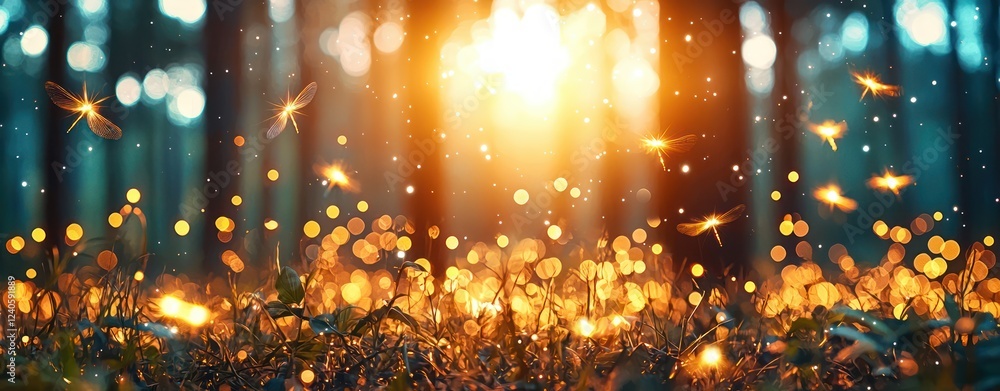 Poster Enchanted Forest with Glowing Light and Fireflies at Dusk Surrounded by Sparkling Bokeh Effect on Grass