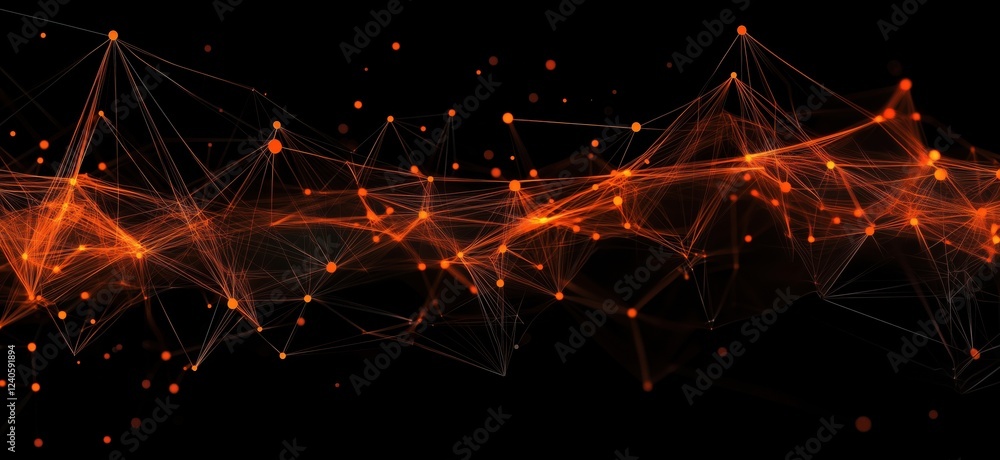 Poster abstract orange glowing network of interconnected lines and nodes, representing data flow and digita