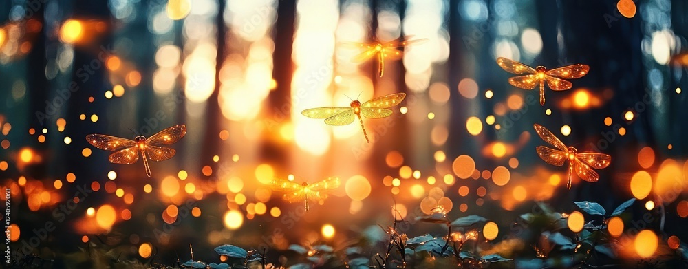 Poster enchanting scene of ethereal dragonflies illuminating a serene forest at sunset with soft bokeh effe