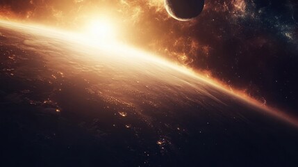 Obraz premium Majestic view of Earth with rising sun and distant planet in cosmic space during twilight. Generative AI
