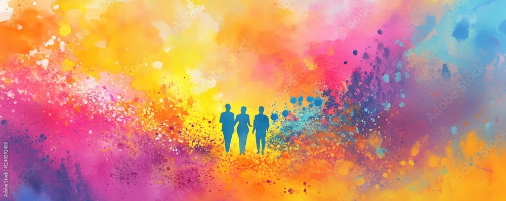 Poster silhouettes of three figures against vibrant abstract background of colorful splashes and gradients,