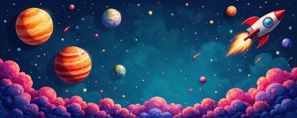 Whimsical hand-drawn planets, stars, comets, and rockets , sun, cosmic, outer space