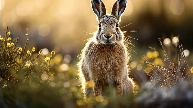 A curious hare explores a sunlit meadow filled with vibrant wildflowers during the golden hour of early evening