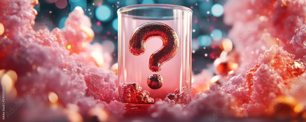 Poster Glowing Question Mark Inside Transparent Glass on Pink Background with Colorful Bokeh and Soft Textures