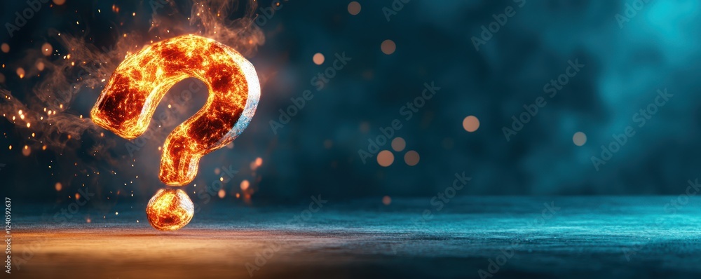 Poster glowing fiery question mark symbolizing uncertainty and curiosity in a dramatic blue and orange back