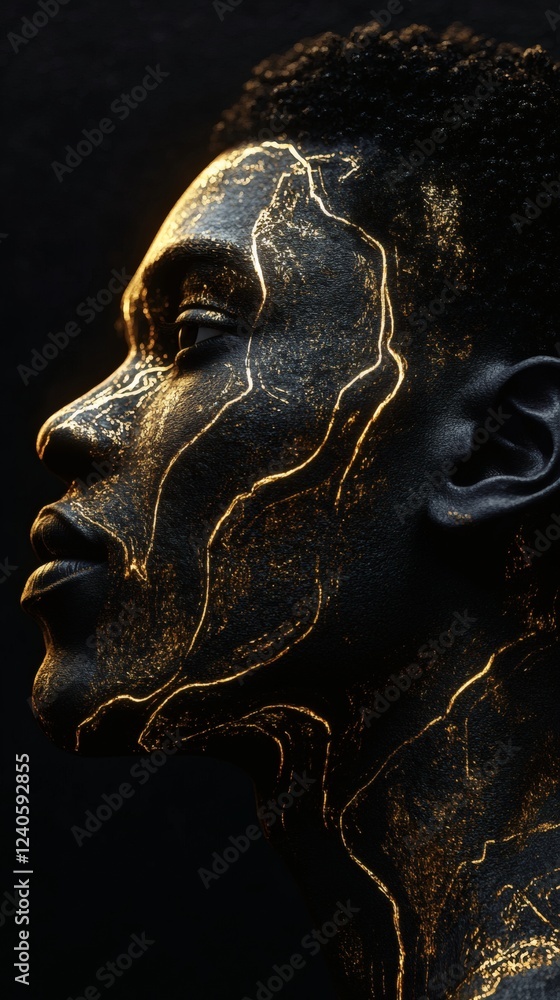 Poster hyperrealistic 3d image of a black man with intricate contours in gold color the contours raised in 