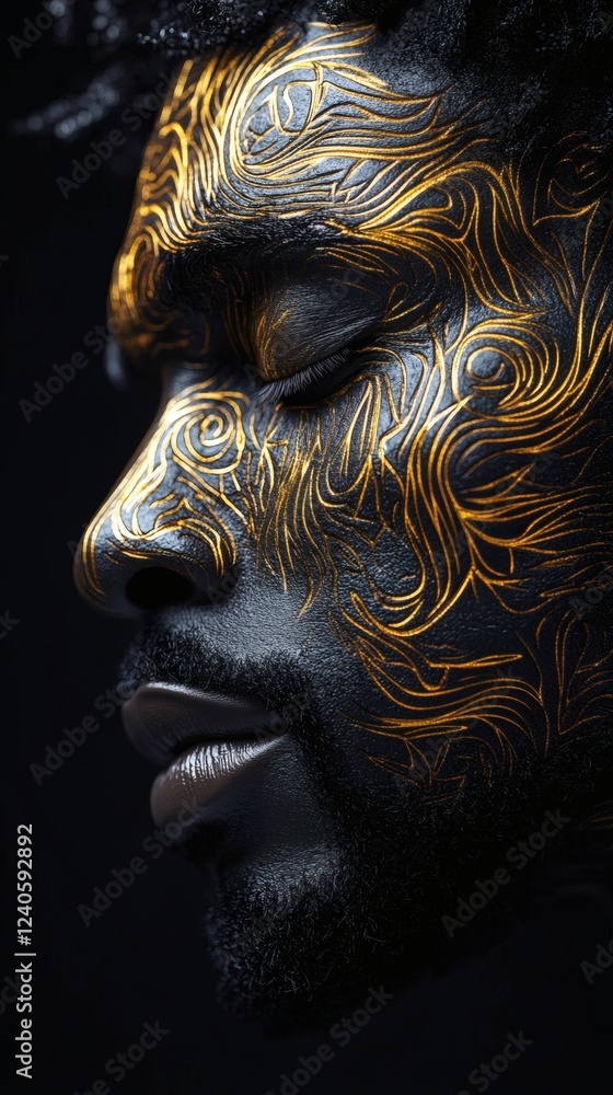 Poster hyperrealistic 3d image of a black man with intricate contours in gold color the contours raised in 