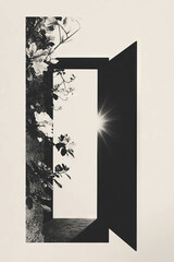 Minimalist collage of an open door symbolizing new beginnings with floral accents