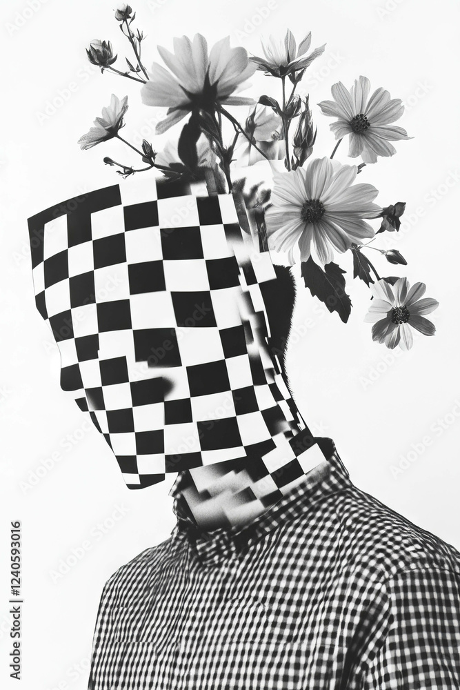 Poster minimalist collage featuring distorted patterns and flowers in geometric design