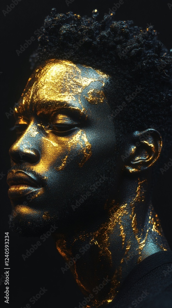 Poster hyperrealistic 3d image of a black man with intricate contours in gold color the contours raised in 