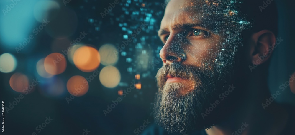 Poster digital transformation concept with man contemplating future, face merging with data streams, glowin