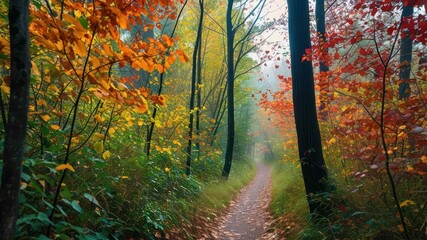 Fototapeta premium A serene autumn trail surrounded by vibrant foliage and mist