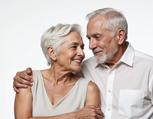 Elderly couple with white hair, the woman has light skin and is wearing a light-colored top, while the man has a beard and is looking at her with a gentle expression.
