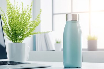 Reusable water bottle sitting on desk next to laptop in home office promoting sustainability