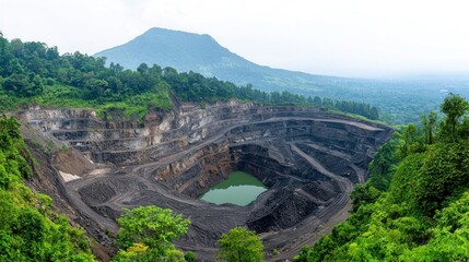 Aerial View of a Large Dark Quarry Surrounded by Lush Green Forest and Distant Mountains