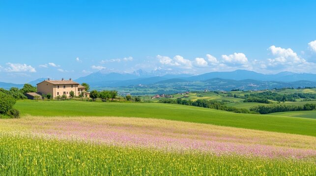 Idyllic countryside with farmhouse and rolling green hills horizon