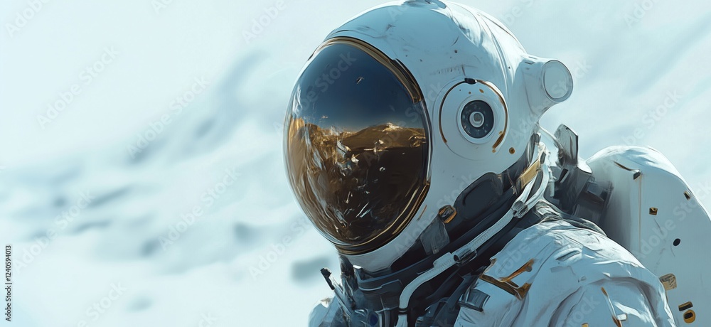 Poster astronaut in space with reflective visor capturing cosmic landscape and celestial bodies, copy space