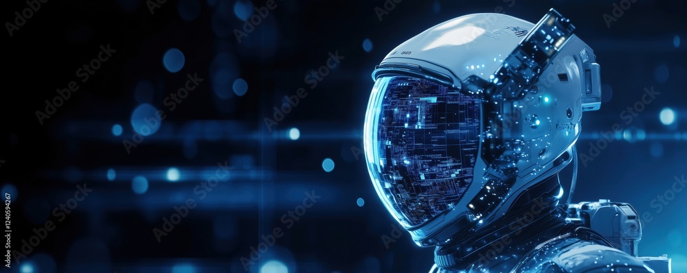 Poster futuristic astronaut helmet with digital interface and glowing elements, showcasing advanced technol