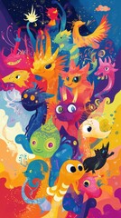 A vibrant collection of fantastical creatures and mythical beings