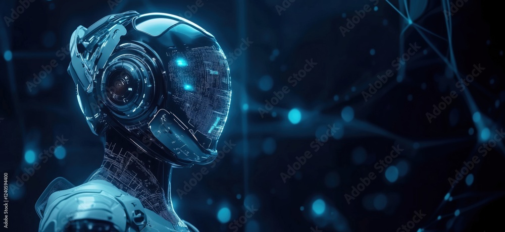 Poster futuristic humanoid robot with glowing circuitry and advanced technology, showcasing intricate desig