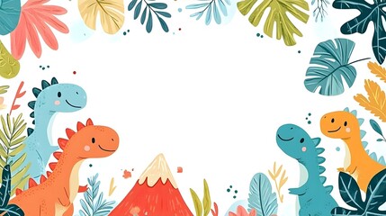 Obraz premium Colorful dinosaur-themed border illustration with tropical foliage and a volcano in a playful setting