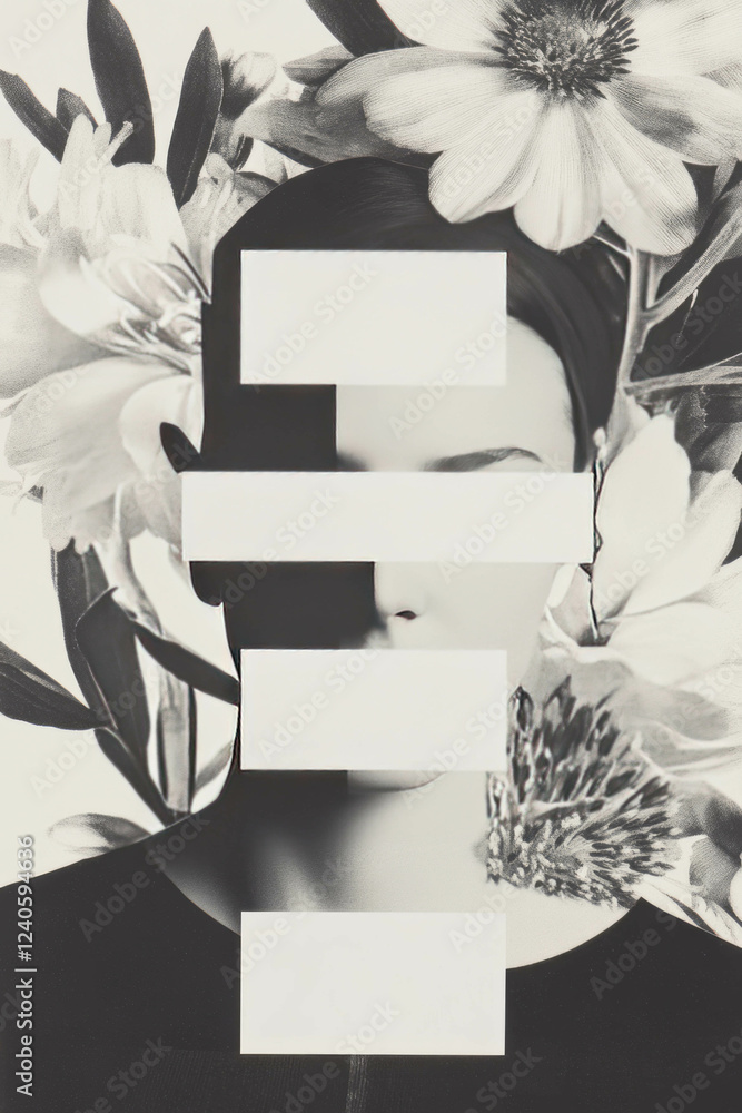 Poster minimalist collage of geometric shapes and flowers creating a unique artistic expression