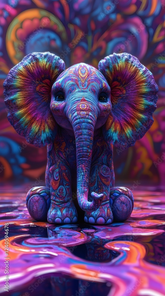 Poster photorealistic 3d psychedelic elephant with large fluorescent tiedye ears sitting dynamically on a d