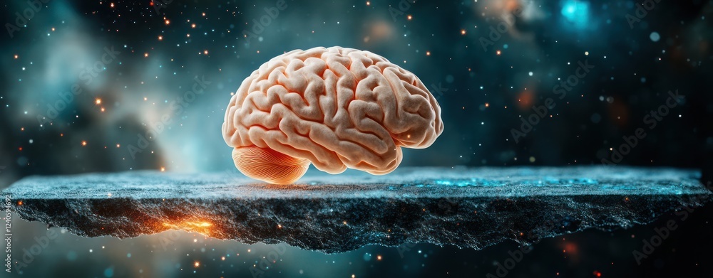 Poster surreal concept of brain separating from dark cosmic background with glowing stars and nebulae