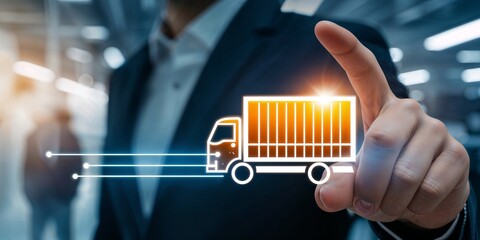 Logistics technology, glowing orange truck icon, digital display, touchscreen interface, futuristic dashboard, hand gesture, pointing finger, blue background, supply chain management