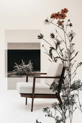 Minimalist collage showcasing a comfortable armchair and cozy fireplace with floral elements
